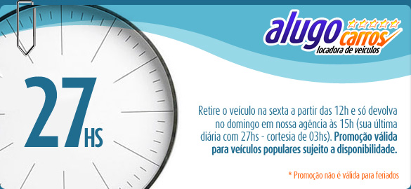 Retire o veculo na sexta a partir das 12h e s devolva no domingo em nossa agncia s 15h (sua ltima diria com 27hs - cortesia de 03hs).